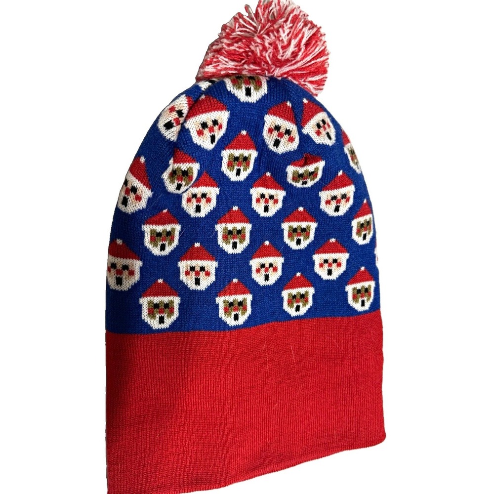 Santa Claus Christmas Knit Beanie Hat Pom-Pom Red/Blue/White One Size Acrylic